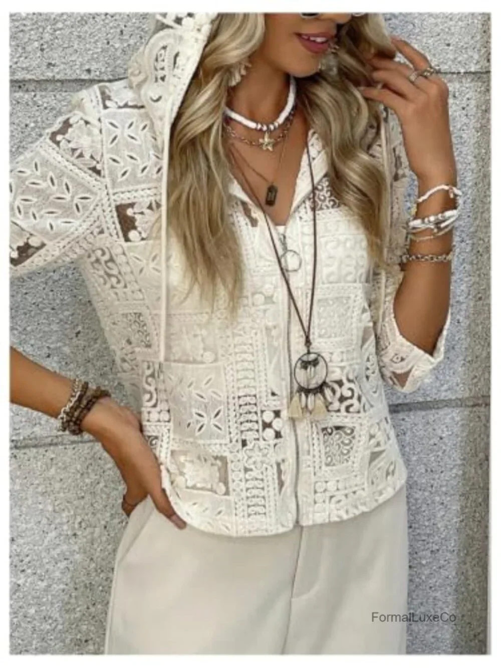 Lace Crochet Zip Up Cardigan Sheer Lightweight Casual Jacket
